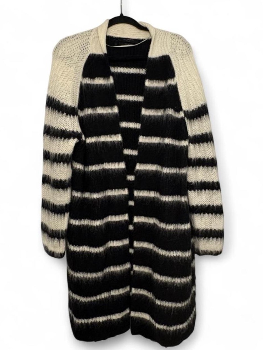AllSaints Black and Cream Striped Open-Front Cardigan